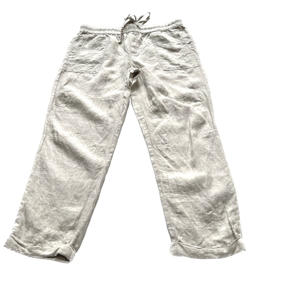 Lord & Taylor Tapered Pants Size L 100% Linen Cream Elastic Waistband Pockets - Picture 2 of 8